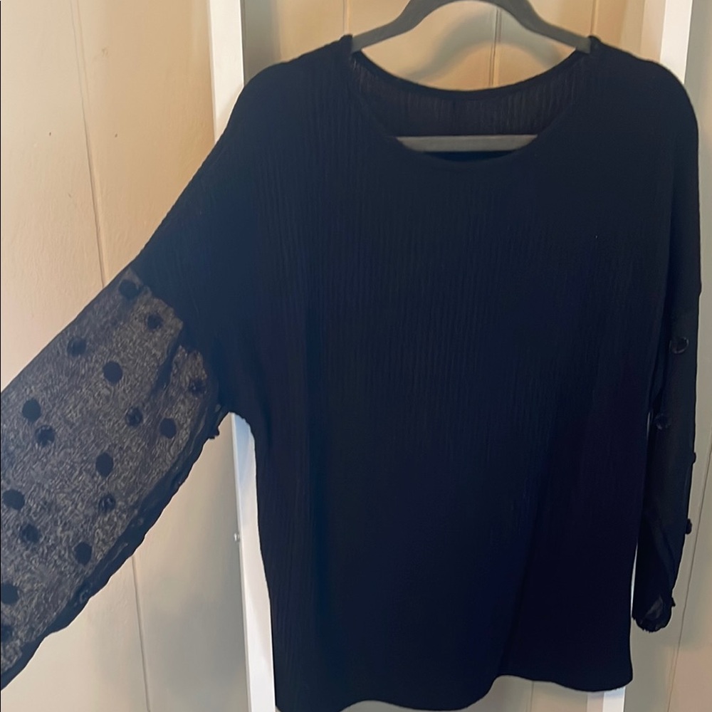 Black Boxy Long Sleeve Blouse with Sheer Polkadot Sleeves